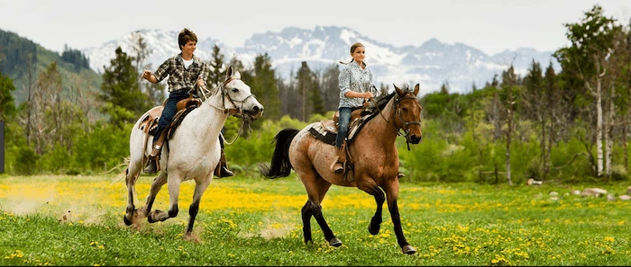 Confident plus-size woman riding Brighton a horse through a field with a smile on her face.